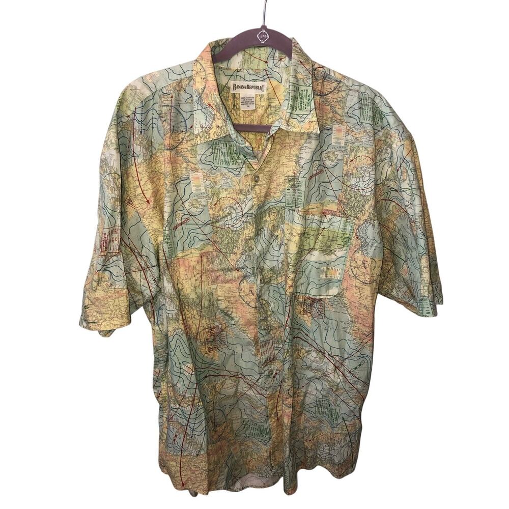 Vintage Banana Republic Winds Currents Map Print Button Up Shirt XL 90s Safari